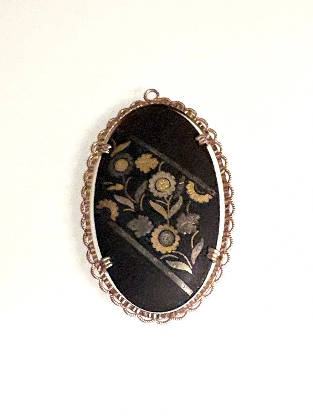 Vintage Damascene Floral Gold Tone Necklace Pendant - 2”